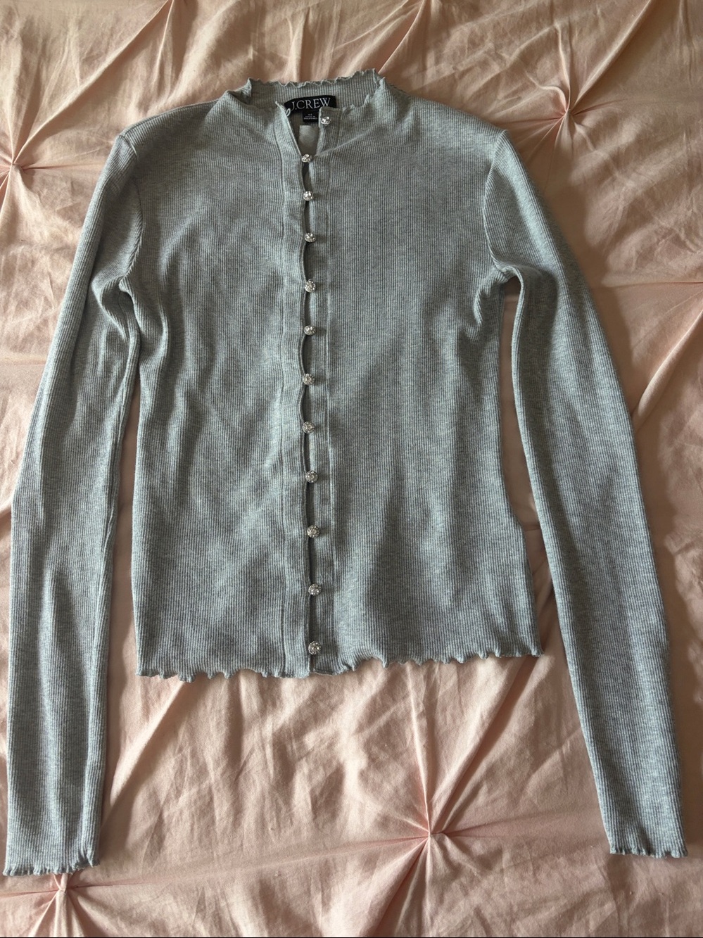 J Crew Perfect Rib Cardigan in Silver w/Rhinestone buttons XS